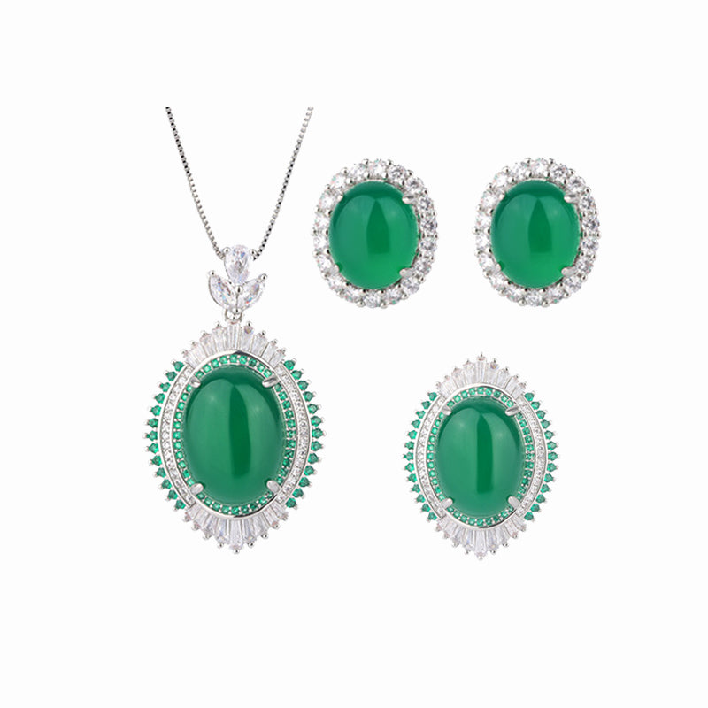 ZIRAVE Jewelry Cabochon Green Agate Simulant Jewelry Set